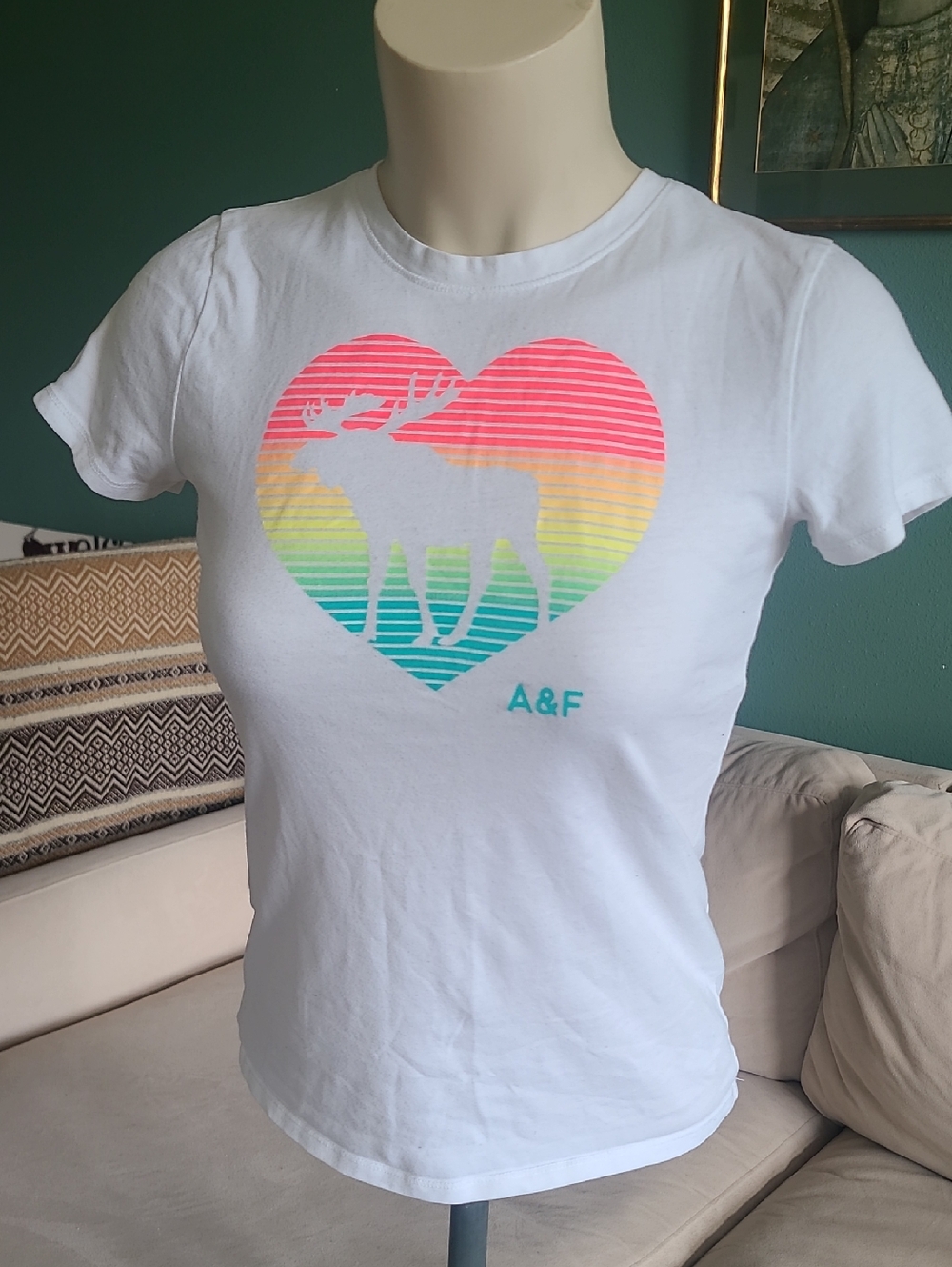 Abercrombie & Fitch kids White Tee with Rainbow Heart Moose Graphic.